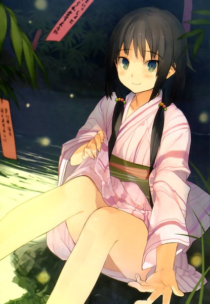 Anime picture 2598x3751 with original akinashi yuu long hair tall image blush highres blue eyes black hair smile traditional clothes japanese clothes tanabata girl kimono obi