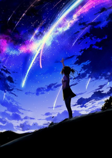 Anime picture 1158x1638 with kimi no na wa miyamizu mitsuha sogawa single tall image short hair brown hair standing cloud (clouds) ponytail arm up wind from behind night short sleeves night sky outstretched hand shooting star girl skirt