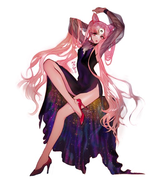 Anime picture 1500x1810 with bishoujo senshi sailor moon toei animation chibiusa black lady pigeon666 single long hair tall image looking at viewer fringe simple background red eyes white background sitting twintails pink hair bent knee (knees) hair bun (hair buns) high heels facial mark