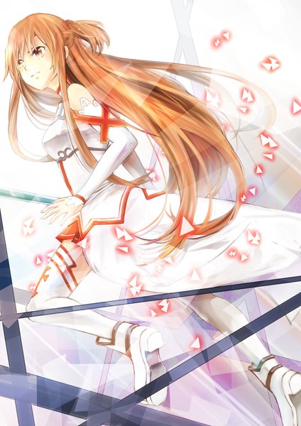 Anime picture 2480x3507 with sword art online a-1 pictures yuuki asuna single long hair tall image highres brown hair brown eyes looking away profile girl thighhighs dress weapon detached sleeves white thighhighs sword