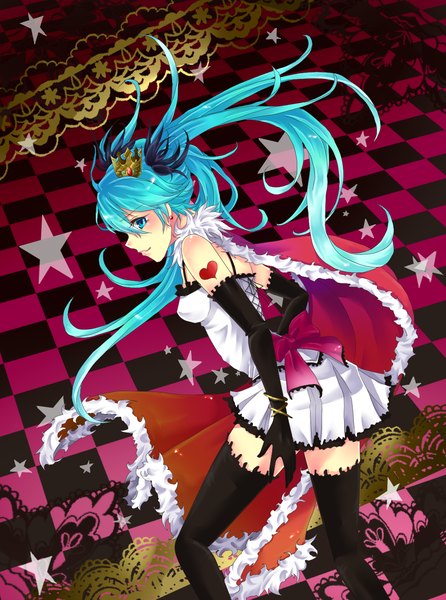 Anime picture 1116x1500 with vocaloid hatsune miku tyuuko single long hair tall image twintails aqua eyes aqua hair checkered floor girl thighhighs dress gloves hair ornament black thighhighs elbow gloves star (symbol) crown