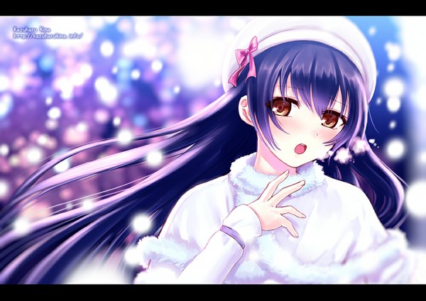 Anime picture 1000x707 with love live! school idol project sunrise (studio) love live! sonoda umi kazuharu kina single long hair blush open mouth brown eyes looking away purple hair depth of field light letterboxed winter steam girl hat winter clothes