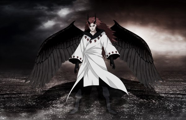 Anime picture 3000x1946 with naruto studio pierrot naruto (series) uchiha madara anvmadara single long hair looking at viewer highres brown hair horn (horns) night night sky coloring demon rinnegan demon boy boy gloves wings