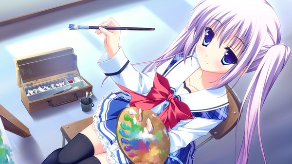 Anime picture 1024x576 with strawberry nauts kusunoki yao matsushita makako single long hair blush blue eyes smile wide image sitting twintails game cg purple hair loli girl thighhighs uniform black thighhighs school uniform chair