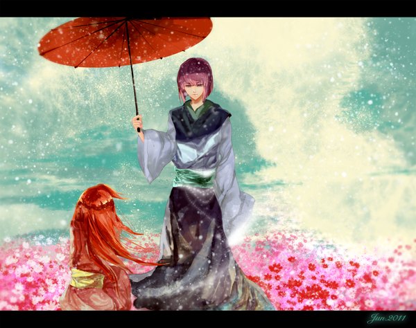 Anime picture 2000x1583 with slayers j.c. staff tagme (character) xelloss hokuou (beo) long hair highres short hair purple hair red hair traditional clothes from behind couple rain girl boy flower (flowers) umbrella oriental umbrella