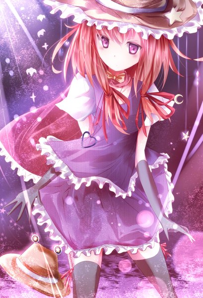 Anime picture 1500x2200 with touhou moriya suwako pino (straight) single long hair tall image purple eyes red hair girl thighhighs dress gloves ribbon (ribbons) black thighhighs hat witch hat