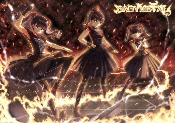 Anime picture 2046x1446 with babymetal kikuchi moa mizuno yui nakamoto suzuka kazeno long hair looking at viewer blush highres black hair twintails multiple girls ponytail girl dress gloves fingerless gloves black dress 3 girls fire