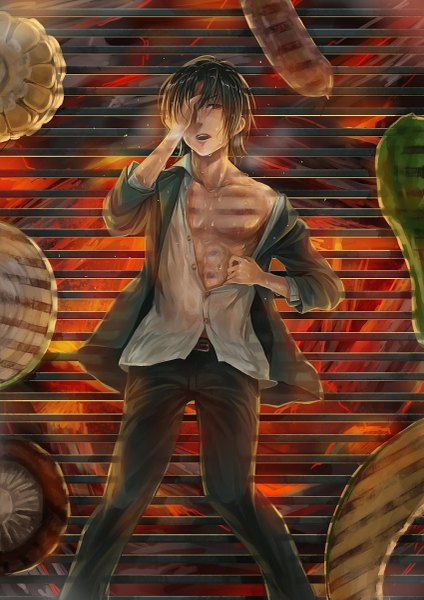 Anime picture 849x1200 with minami-ke hosaka lif (lif-ppp) single tall image fringe short hair open mouth black hair red eyes hair over one eye open clothes sweat open shirt smoke boy shirt food flame