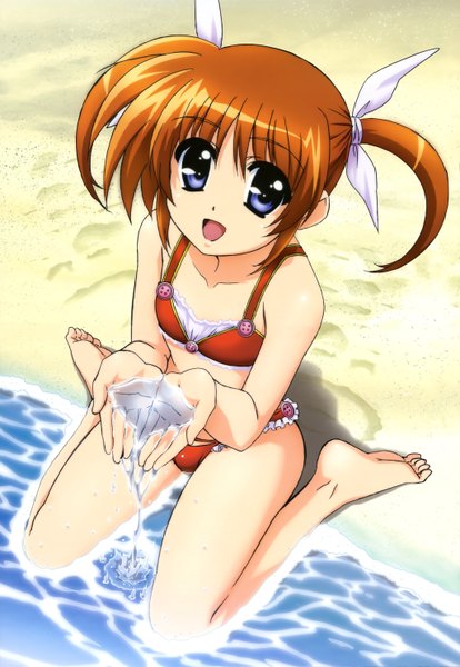 Anime picture 4092x5924 with mahou shoujo lyrical nanoha nyantype takamachi nanoha single long hair tall image highres open mouth blue eyes twintails absurdres orange hair official art beach girl bow swimsuit hair bow water sea