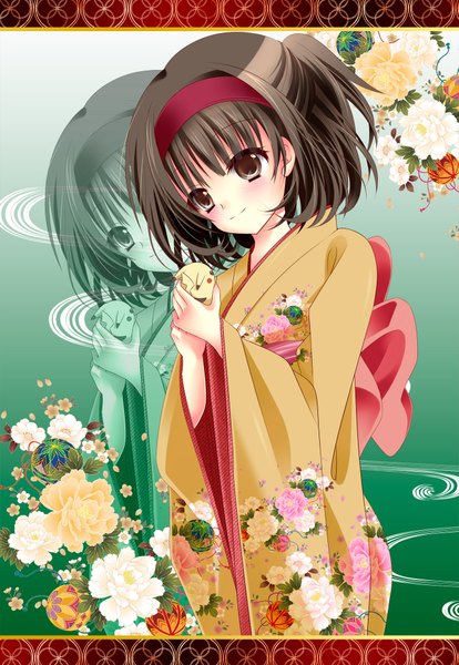 Anime picture 1381x2000 with pokemon nintendo pikachu erika (pokemon) tall image blush short hair black hair smile brown eyes japanese clothes zoom layer gen 1 pokemon girl flower (flowers) hairband kimono obi