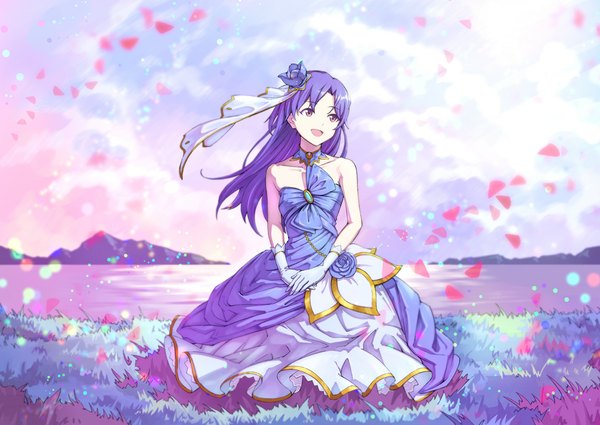 Anime picture 1129x800 with idolmaster kisaragi chihaya sogdin single long hair fringe open mouth smile standing purple eyes bare shoulders looking away sky purple hair cloud (clouds) outdoors wind horizon mountain girl