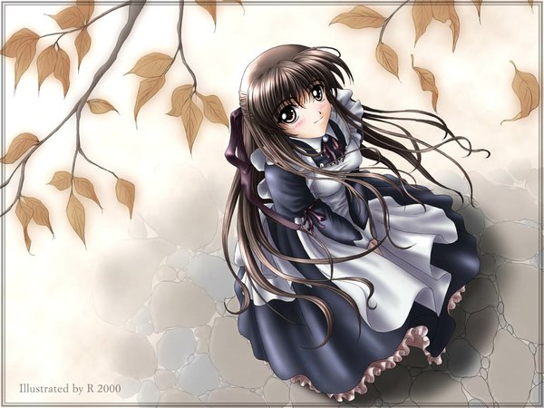 Anime picture 1024x768 with original r (artist) single long hair looking at viewer blush brown hair brown eyes signed full body light smile from above wind maid half updo autumn girl dress uniform ribbon (ribbons)
