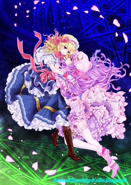 Anime picture 3000x4222 with touhou patchouli knowledge alice margatroid urufu long hair tall image highres blue eyes blonde hair red eyes multiple girls purple hair magic wavy hair shoujo ai girl thighhighs dress bow 2 girls
