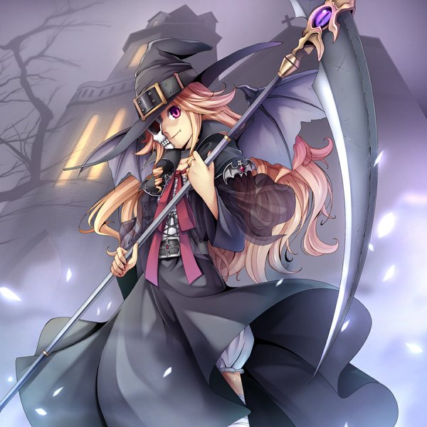 Anime picture 1000x1000 with original taiyou (artist) single long hair blonde hair pink eyes girl dress wings mask witch hat scythe