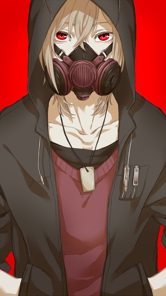 Anime picture 1000x1777 with original xxxsenon single tall image looking at viewer short hair blonde hair simple background red eyes open clothes open jacket red background hands in pockets boy jacket hood zipper respirator locket