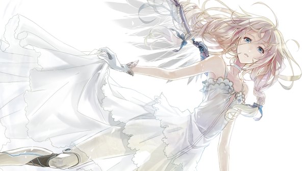 Anime picture 1600x900 with vocaloid ia (vocaloid) rahwia single long hair looking at viewer open mouth blue eyes blonde hair wide image ahoge braid (braids) mechanical wings see-through silhouette girl dress gloves ribbon (ribbons) hair ribbon wings