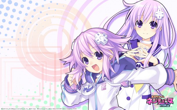 Anime picture 1920x1200 with choujigen game neptune hyperdimension neptunia mk2 neptune (choujigen game neptune) nepgear ranoha long hair looking at viewer highres short hair open mouth wide image purple eyes multiple girls purple hair wallpaper girl dress hair ornament 2 girls