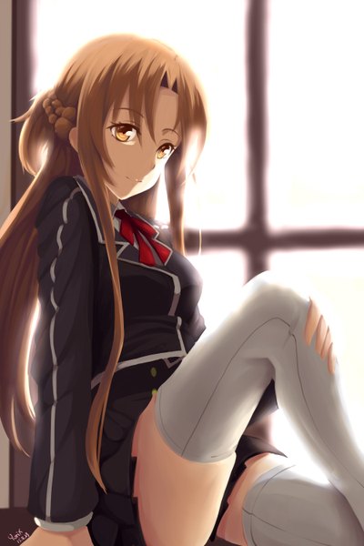 Anime picture 2000x3000 with sword art online a-1 pictures yuuki asuna yurix single long hair tall image looking at viewer highres brown hair brown eyes girl thighhighs skirt uniform school uniform white thighhighs