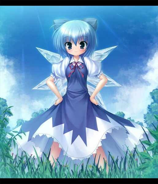 Anime picture 1375x1600 with touhou cirno takeponi single tall image blush short hair blue eyes blue hair hands on hips girl dress bow plant (plants) hair bow wings grass