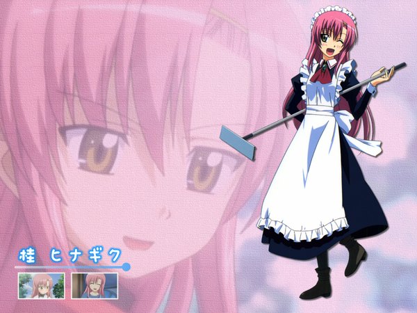 Anime picture 1600x1200 with hayate no gotoku! katsura hinagiku single long hair looking at viewer open mouth pink hair full body one eye closed wink maid wallpaper character names ;d girl headdress maid headdress apron ascot