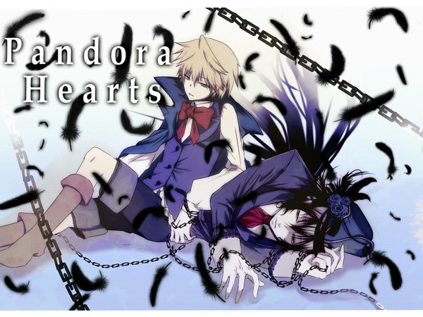 Anime picture 1600x1200 with pandora hearts xebec oz vessalius gilbert nightray mochizuki jun blue eyes black hair blonde hair red eyes lying boy hat chain feather (feathers) blue rose