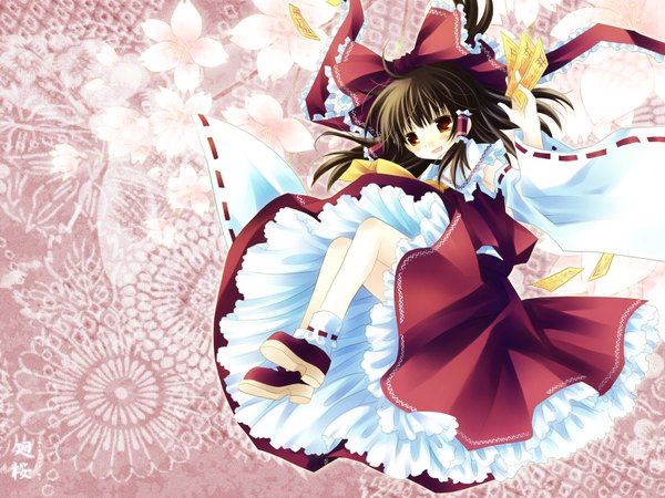 Anime picture 1600x1200 with touhou hakurei reimu sakurazawa izumi single long hair blush red eyes brown hair traditional clothes japanese clothes wallpaper miko girl bow hair bow detached sleeves hair tubes ofuda