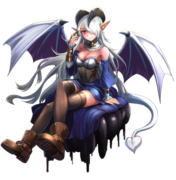 Anime picture 1300x1330 with monster girl encyclopedia original lilim (monster girl encyclopedia) maritan (artist) single long hair tall image blush fringe breasts smile red eyes sitting cleavage full body white hair tail horn (horns) pointy ears hair over one eye
