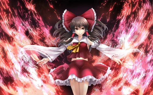 Anime picture 1920x1200 with touhou hakurei reimu asu hare highres brown hair wide image brown eyes midriff girl skirt navel bow hair bow detached sleeves skirt set ofuda
