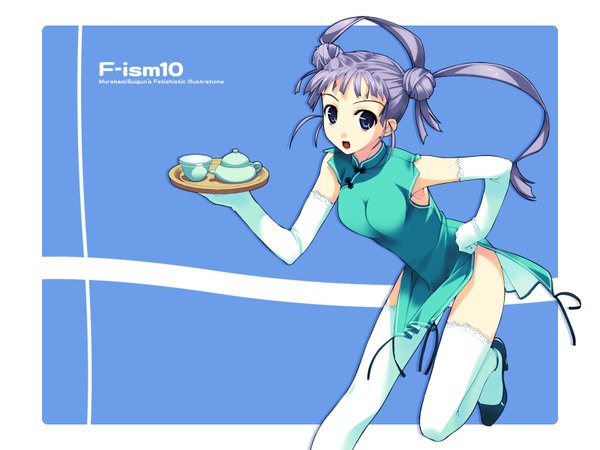 Anime picture 1600x1200 with f-ism murakami suigun single long hair looking at viewer blue eyes light erotic twintails purple hair hair bun (hair buns) pantyshot hand on hip chinese clothes blue background side slit girl thighhighs gloves underwear panties