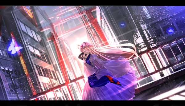 Anime picture 1200x690 with touhou yakumo yukari ryosios single long hair fringe blonde hair red eyes wide image standing holding wide sleeves letterboxed revision glow girl dress insect building (buildings) butterfly
