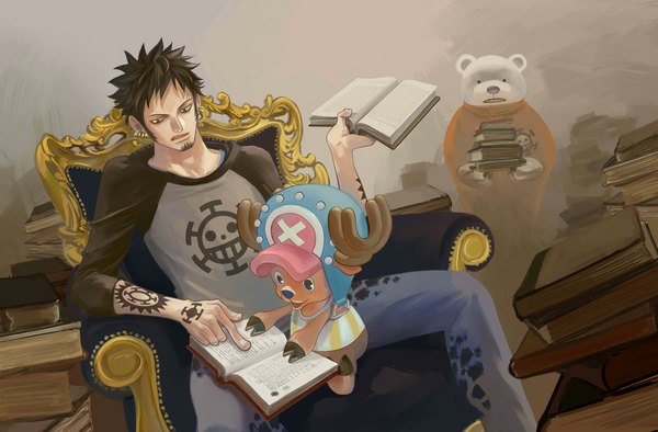 Anime picture 1100x723 with one piece toei animation tony tony chopper trafalgar law bepo koga short hair open mouth black hair sitting tattoo pointing no hat boy hat earrings animal book (books) armchair beard