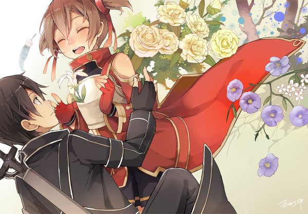 Anime picture 1200x832 with sword art online a-1 pictures kirigaya kazuto silica evers (artist) short hair open mouth black hair brown hair eyes closed girl boy flower (flowers) ribbon (ribbons) weapon hair ribbon detached sleeves sword fingerless gloves cloak