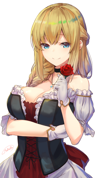 Anime picture 717x1346 with original ato (haru ato) single long hair tall image looking at viewer fringe breasts light erotic blonde hair simple background smile large breasts white background signed braid (braids) side braid girl gloves flower (flowers)