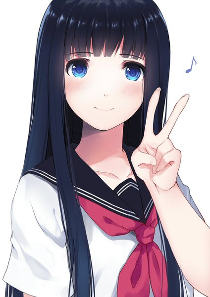 Anime picture 900x1272 with original caidychen single long hair tall image looking at viewer blush fringe blue eyes black hair smile standing upper body blunt bangs short sleeves girl uniform serafuku