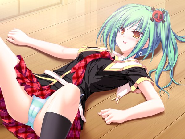 Anime picture 1600x1200 with suzukaze no melt enomoto yoshika tenmaso light erotic game cg green hair mole orange eyes pantyshot mole under eye girl underwear panties serafuku skull