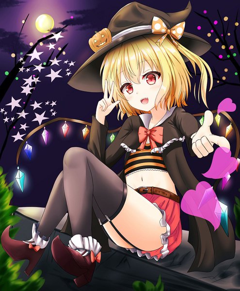 Anime picture 825x1000 with touhou flandre scarlet renka (cloudsaikou) single tall image looking at viewer blush fringe short hair open mouth light erotic blonde hair smile hair between eyes red eyes sitting full body fang (fangs) alternate costume thighs