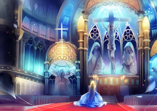 Anime picture 1414x1000 with original filiananna long hair blonde hair sitting bare shoulders sunlight bare legs bare belly back angel wings praying girl wings hood cape cross fire stairs candle (candles)