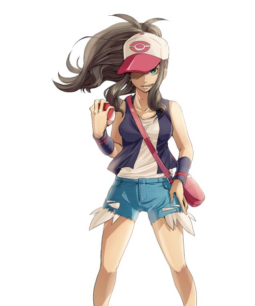 Anime picture 1000x1200 with pokemon pokemon black and white nintendo hilda (pokemon) kamihitoe single long hair tall image looking at viewer open mouth simple background smile brown hair white background green eyes ponytail hand on hip girl shorts bag