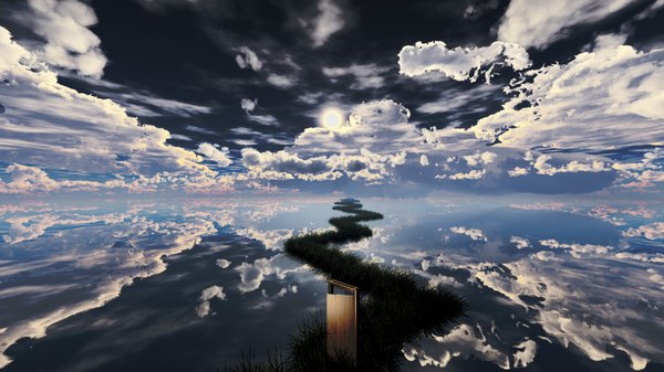Anime picture 1920x1080 with original y-k highres wide image sky cloud (clouds) glowing reflection horizon landscape plant (plants) water sea grass sun door road