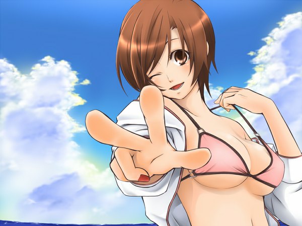 Anime picture 1000x749 with vocaloid meiko kurota blush short hair breasts open mouth light erotic brown hair brown eyes cloud (clouds) one eye closed wink open clothes open shirt girl swimsuit bikini