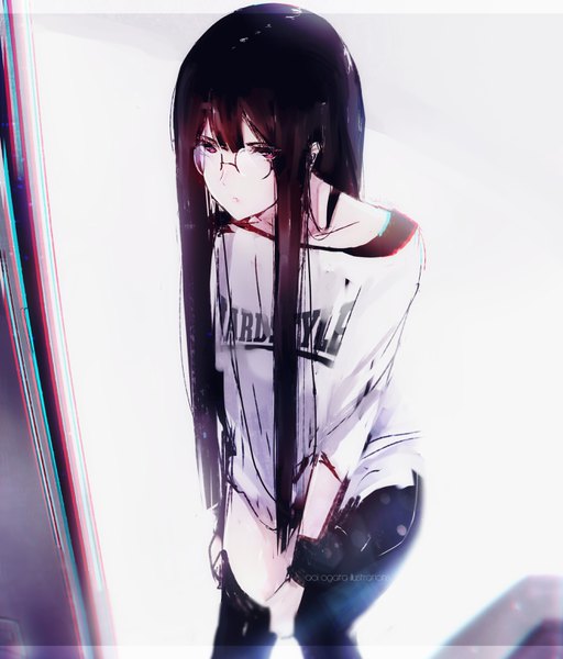 Anime picture 2639x3088 with original aoi ogata single long hair tall image looking at viewer fringe highres black hair purple eyes signed blunt bangs inscription text english anaglyph clothes writing dressing girl glasses