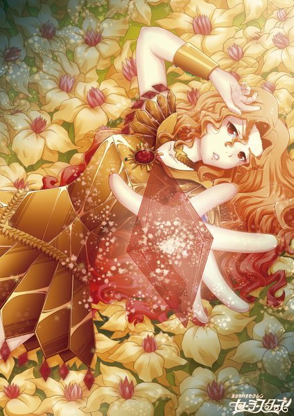Anime picture 2121x3000 with bishoujo senshi sailor moon toei animation sailor galaxia single long hair tall image looking at viewer highres blonde hair red eyes brown eyes lying pleated skirt wavy hair logo girl uniform flower (flowers) choker bracelet