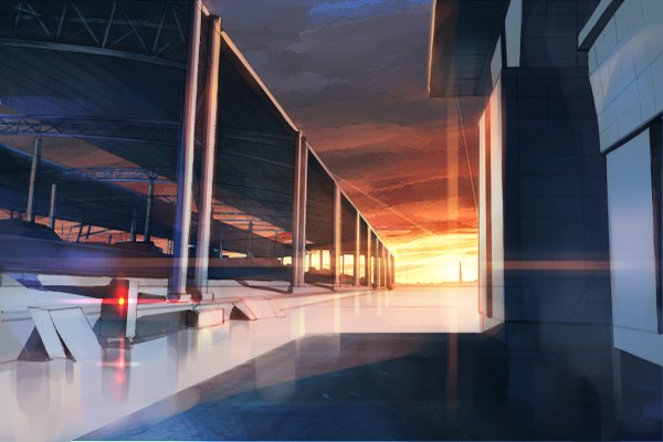 Anime picture 1200x801 with original madcocoon sky sunlight evening sunset no people landscape sun train station
