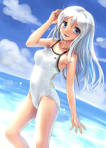 Anime picture 642x900 with original katahira masashi single long hair tall image looking at viewer blush breasts blue eyes light erotic sky cloud (clouds) white hair horizon girl swimsuit water sea one-piece swimsuit white swimsuit