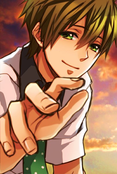 Anime picture 541x800 with free! kyoto animation tachibana makoto rio (rio 01) single tall image looking at viewer short hair smile brown hair green eyes sky cloud (clouds) outstretched arm evening sunset uniform school uniform