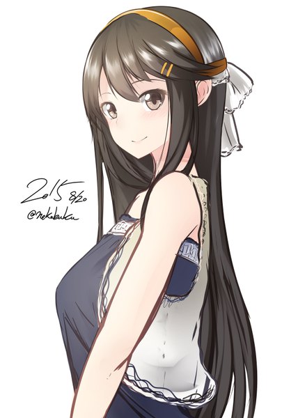 Anime picture 606x850 with kantai collection haruna battleship nekobaka single long hair tall image looking at viewer blush fringe breasts simple background smile hair between eyes brown hair large breasts white background bare shoulders brown eyes signed upper body