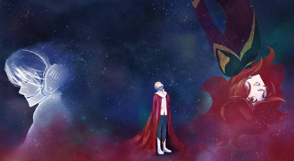 Anime picture 1574x866 with terra e soldier blue jomy marquis shin tony mahiro suzuki red eyes wide image red hair profile looking up ghost space boy headphones star (stars) cloak