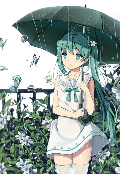 Anime picture 605x876 with vocaloid hatsune miku soulkiller (brz) single long hair tall image open mouth white background twintails looking away aqua eyes aqua hair rain girl thighhighs dress flower (flowers) white thighhighs insect butterfly