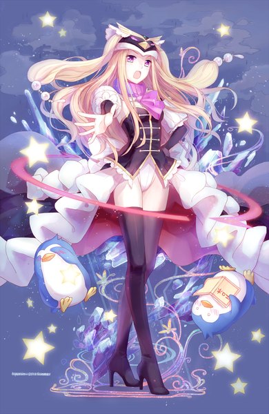 Anime picture 716x1100 with mawaru penguindrum princess of the crystal kyurin (sunnydelight) single long hair tall image blush open mouth light erotic blonde hair sky cloud (clouds) pink eyes girl thighhighs black thighhighs animal bird (birds) star (symbol) star (stars)
