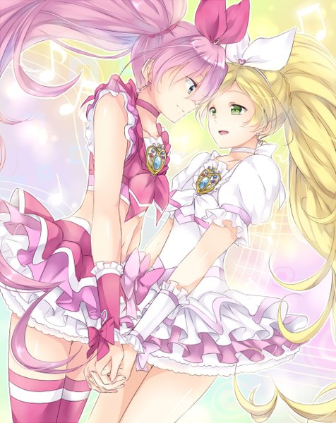 Anime picture 1000x1260 with precure suite precure toei animation houjou hibiki minamino kanade cure melody cure rhythm maruki (punchiki) long hair tall image open mouth blue eyes blonde hair twintails multiple girls green eyes pink hair ponytail holding hands shoujo ai
